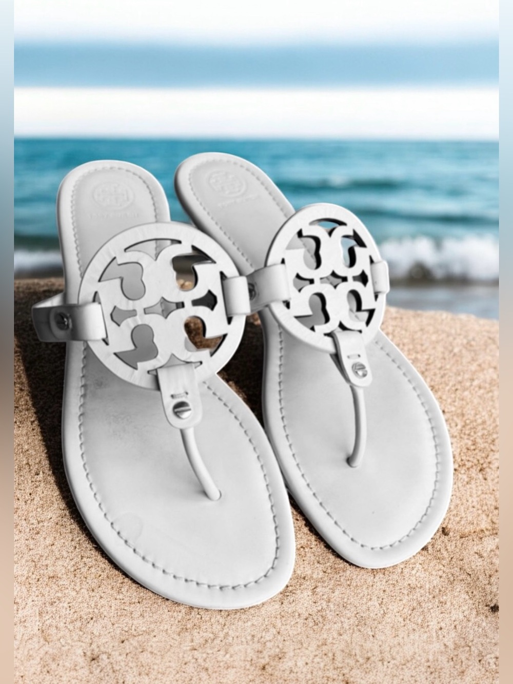 Tory Burch Miller Sandals Leather Thong Slides White Cream